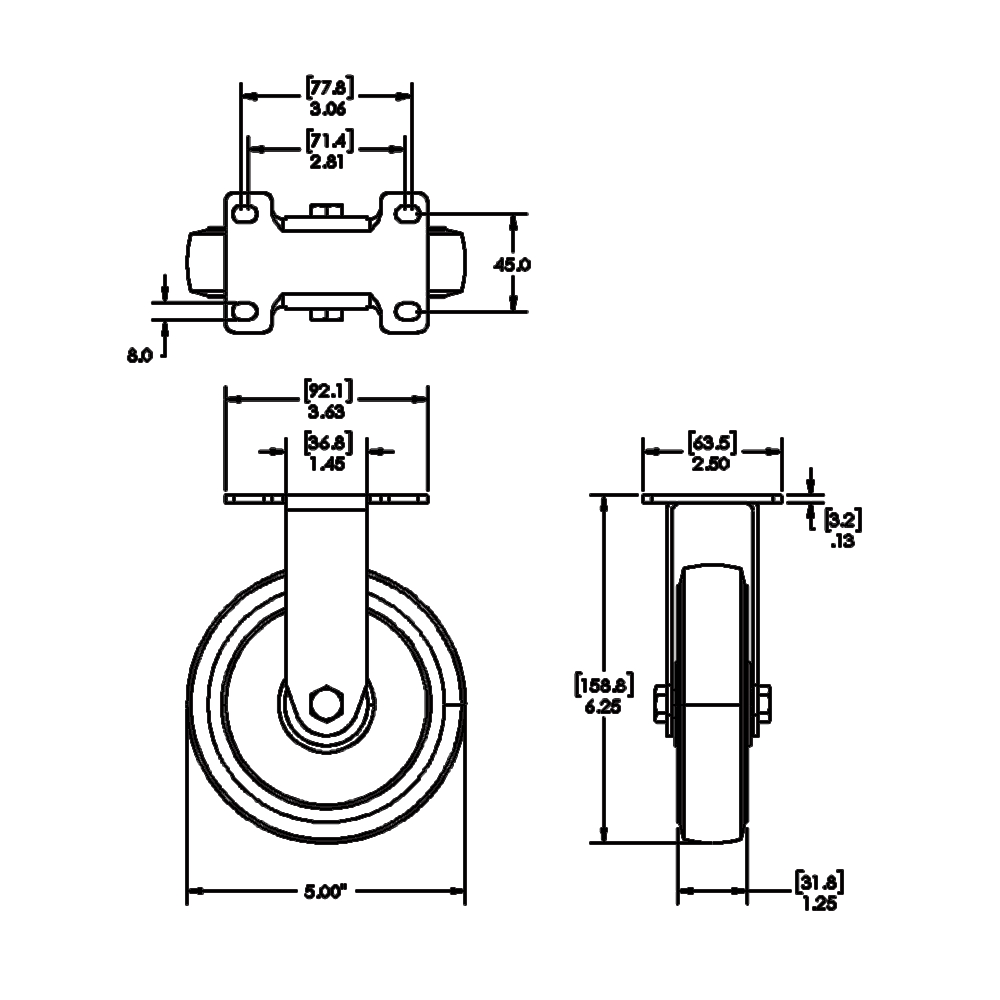 31-RPD5-5 MODULAR SOLUTIONS CASTER 5 IN, RIGID TOP PLATE TOP FLAT PLATE/BALL BEARING